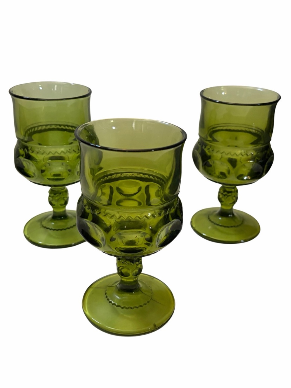 Vintage Green Indiana Glass Goblets Kings Crown Pattern Set of 3